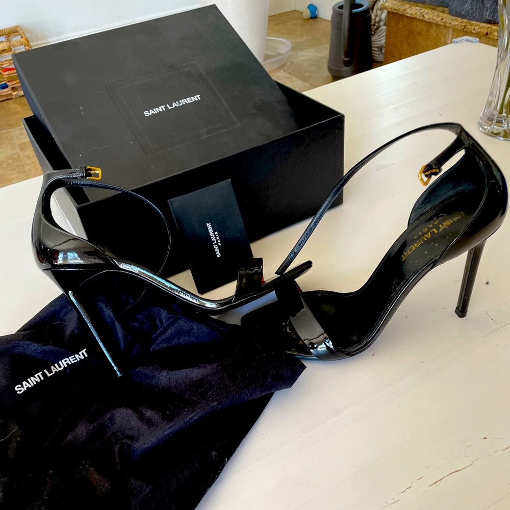 YSL black heeled sandal 37.5, worn 4 times comfy , box and dust bag included